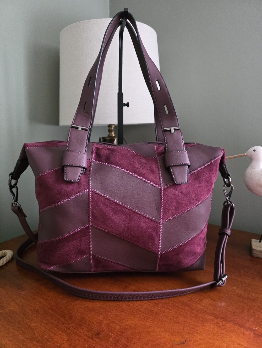 Marina Galanti Burgundy Patchwork Faux Leather & Faux Suede Satchel Shoulder Bag